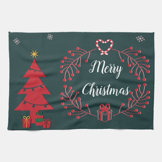 Linge De Cuisine Arbre de Noël, cadeaux et couronne (Horizontal)