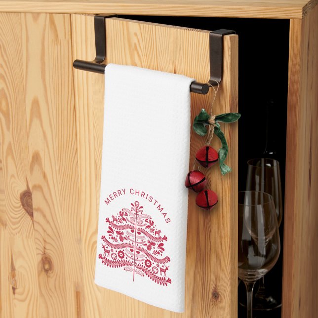 Linge De Cuisine Arbre de Noël d'art populaire scandinave rouge (Créateur téléchargé)