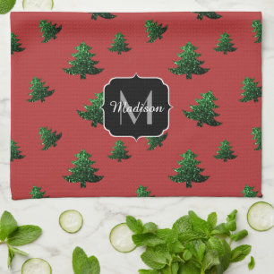 Linge De Cuisine Arbre de Noël étincelant vert étincelant Monogram