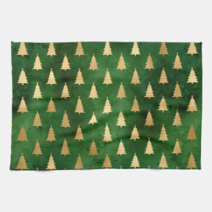 Linge De Cuisine Arbre de Noël hivernal en vert et or festif sous f