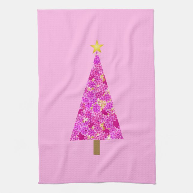 Linge De Cuisine Arbre de Noël moderne à fleurs magenta (Vertical)