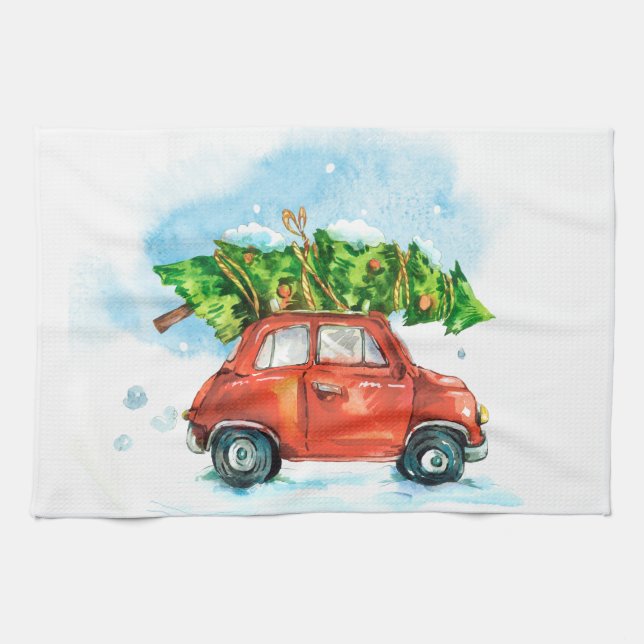 Linge De Cuisine Arbre de Noël sur voiture rouge emblématique plat  (Horizontal)