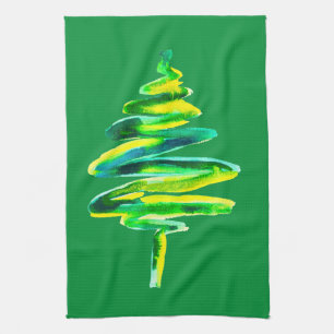 Linge De Cuisine Arbre de Noël vert aquarelle abstraite