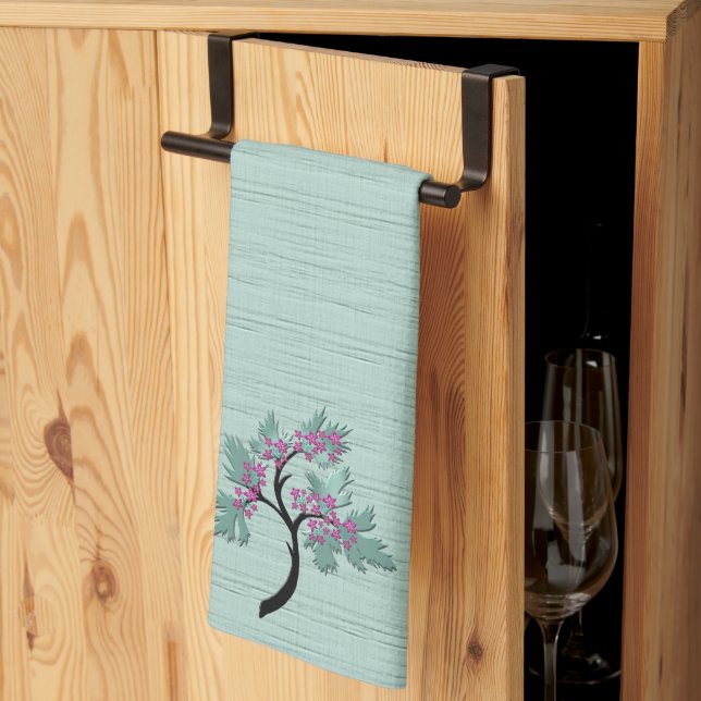 Linge De Cuisine Arbre Fleurissant Gracieux Vert + Prune (Pliage en tiers)