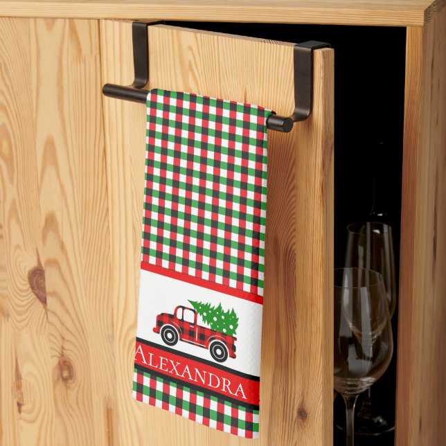 Linge De Cuisine Arbre Truck Chef Red Green Holiday Plaid (Pliage en tiers)