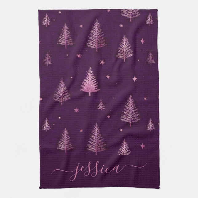 Linge De Cuisine Arbres de Noël violets pailletés rose chic nom (Vertical)