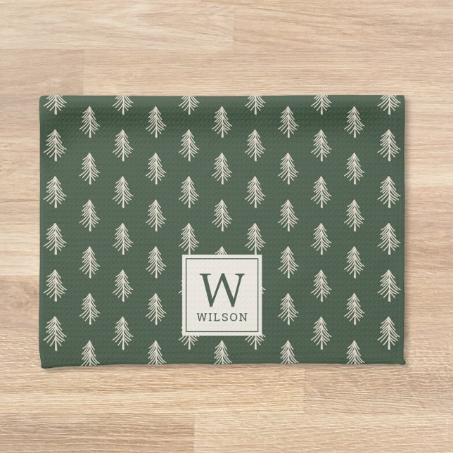 Linge De Cuisine Arbres Pins Rustiques Nom de Famille Monogramme No (Créateur téléchargé)