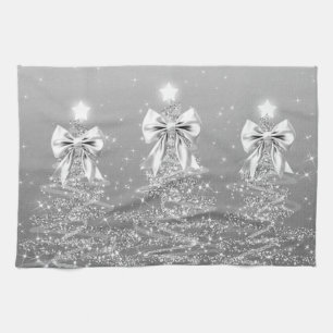 Linge De Cuisine Arbres scintillants de Noël argentés avec nœud en