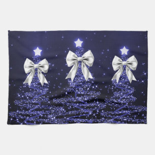 Linge De Cuisine Arbres scintillants de Noël Navy Faux Ruban d'arge