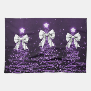 Linge De Cuisine Arbres scintillants de Noël violets avec un nœud e