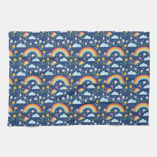 Linge De Cuisine Arc-en-ciel, Fleurs et Motif de nuages (Horizontal)