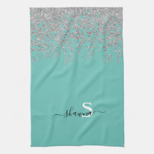 Linge De Cuisine Argent Féminin et Monogramme Turquoise Aqua Brilla