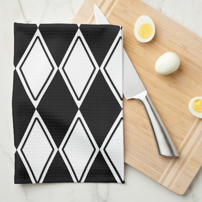 Linge De Cuisine Arlequin Motif noir et blanc (Quart Plié)