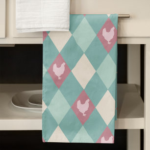 Linge De Cuisine Arlequin Turquoise Et Rose Poulet