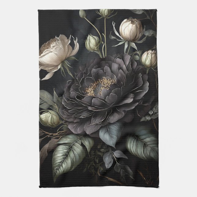 Linge De Cuisine Arrangement gothique Rose Fleur noire (Vertical)