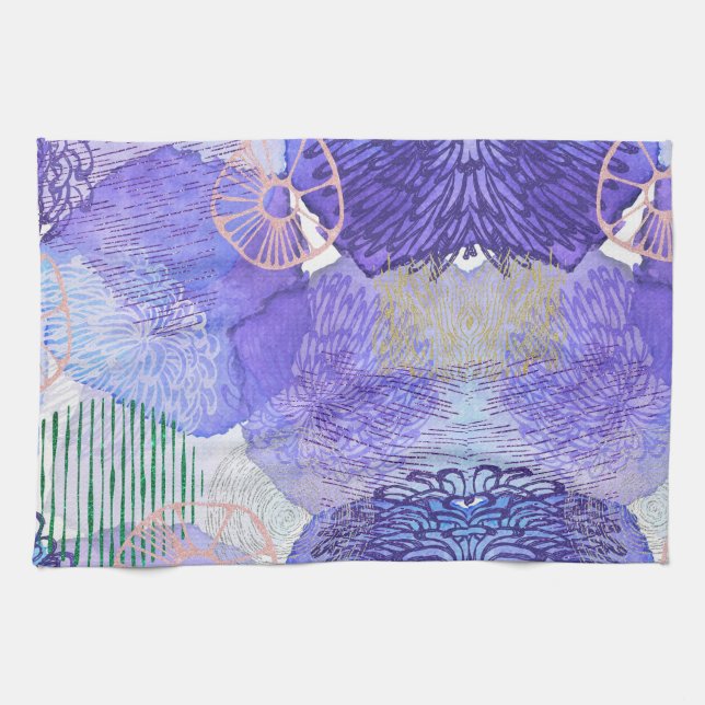 Linge De Cuisine Art abstrait moderne bleu et violet (Horizontal)