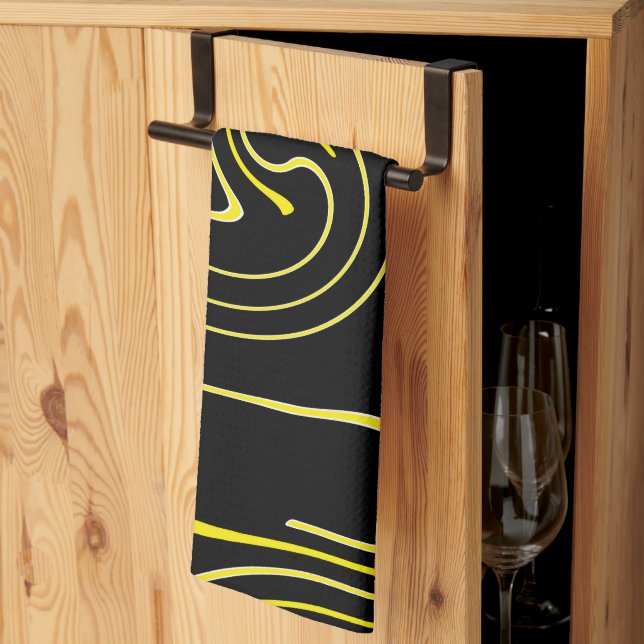 Linge De Cuisine Art Abstrait Noir Blanc Jaune Lignes Minimalisme (Pliage en tiers)