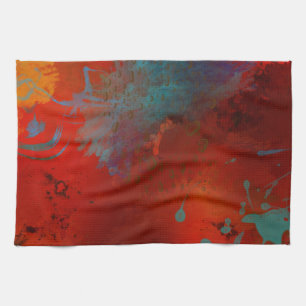 Linge De Cuisine Art abstrait numérique grunge rouge, aqua et or