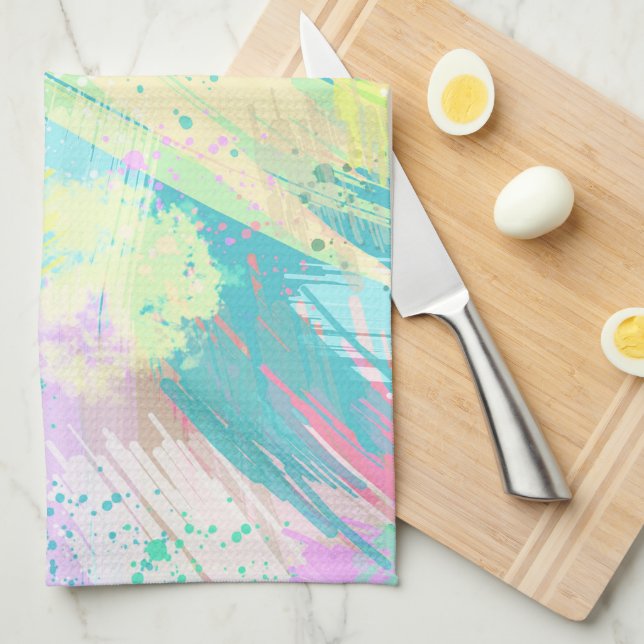 Linge De Cuisine Art Abstrait Turquoise rose jaune pâle Pastel (Quart Plié)