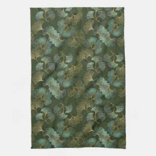 Linge De Cuisine Art botanique raffiné Ginkgo or émeraude vert