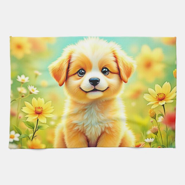 Linge De Cuisine Art Cute De La Fleur De Chiot (Horizontal)