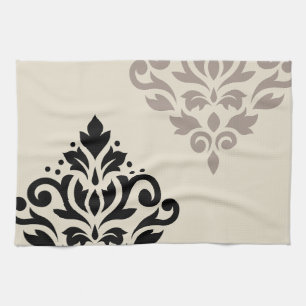 Linge De Cuisine Art damassé à motif de rinceaux I Taupe noir Crème
