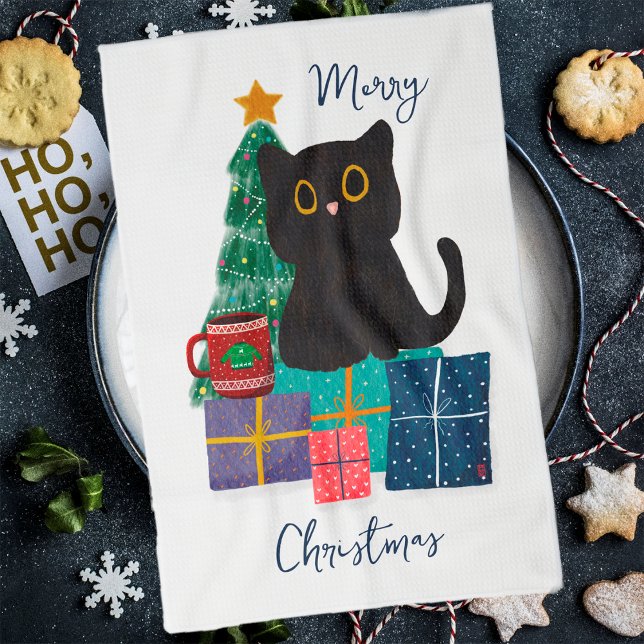 Linge De Cuisine Art de café de chat noir mignon Noël festif (Créateur téléchargé)