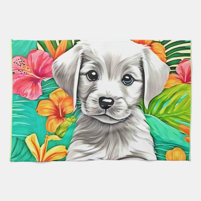 Linge De Cuisine Art de chiot floral (Horizontal)
