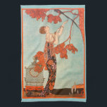 Linge De Cuisine Art Déco vintage, Oiseau de Flighty par George Bar<br><div class="desc">Illustration vintage image art déco représentant une belle femme de la mode vêtue d'une robe fleurie avec son oiseau de compagnie avec de longues plumes de queue dans un arbre. Une cage vide dont l'oiseau s'est échappé se trouve sur le sol à côté de la femme glamour. Flighty Bird (L'Oiseau...</div>