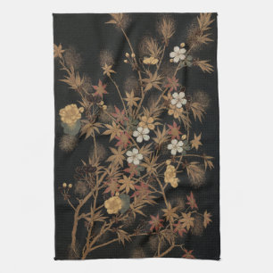 Linge De Cuisine Art floral automnal noir doré vintage japonais