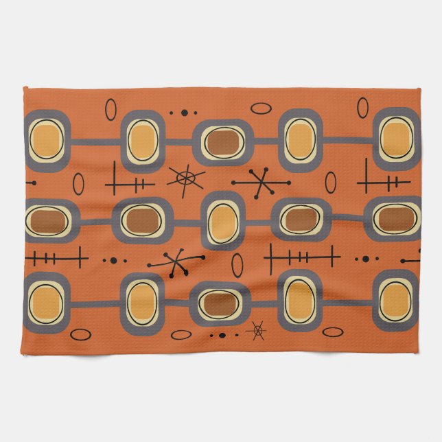 Linge De Cuisine Art Géométrique de l'ère spatiale Brûlé Orange (Horizontal)