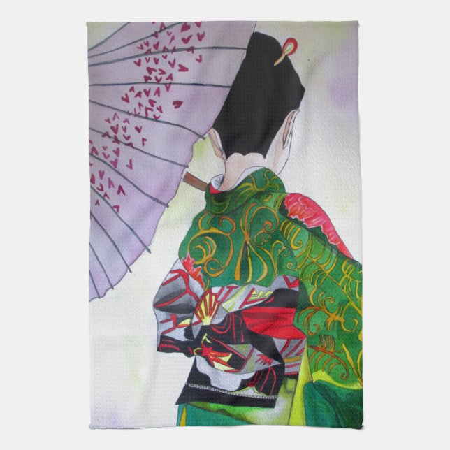 Linge De Cuisine Art japonais Geisha avec kimono et parapluie (Vertical)