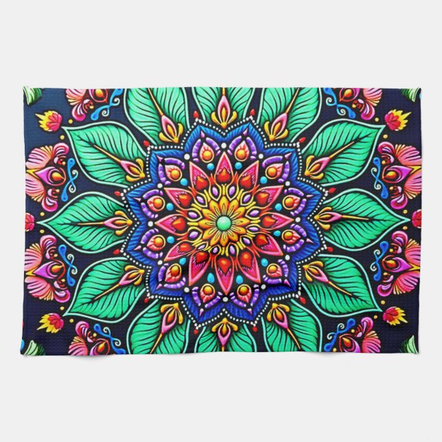 Linge De Cuisine Art mandala floral vibrant (Horizontal)
