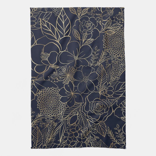 Linge De Cuisine Art moderne Gold Blue Floral Doodles (Vertical)