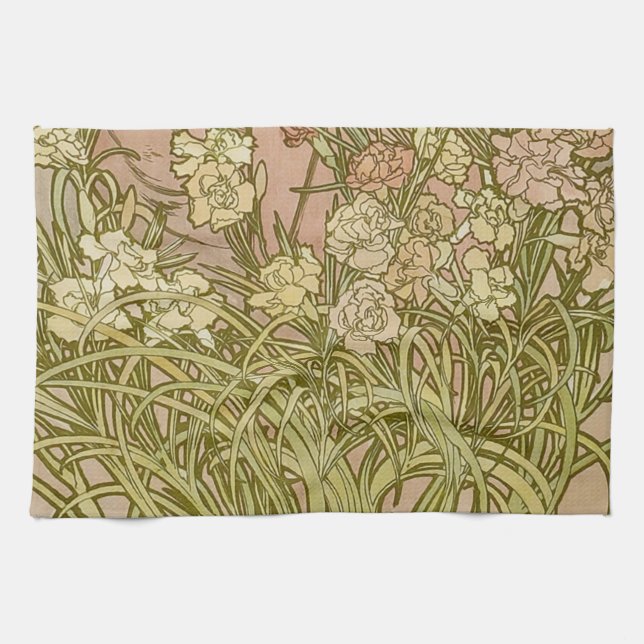 Linge De Cuisine Art Nouveau Alphonse Mucha Fleurs de carnation flo (Horizontal)