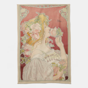 Linge De Cuisine Art Nouveau Belle Époque Dame Roses Livemont