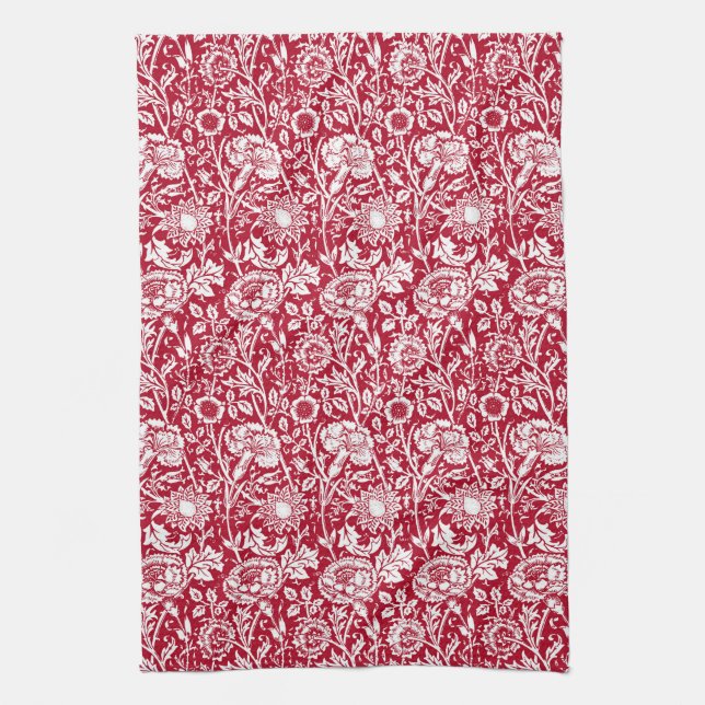 Linge De Cuisine Art Nouveau Carnation Damask, rouge et blanc (Vertical)