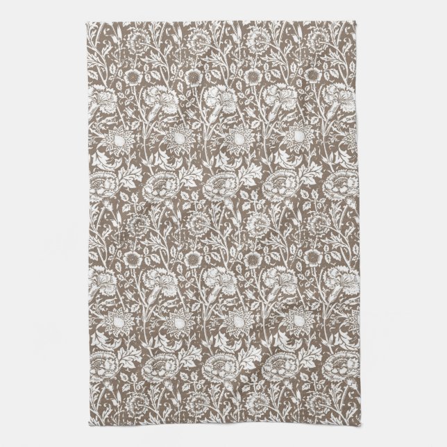 Linge De Cuisine Art Nouveau Carnation Damask, Taupe et blanc (Vertical)