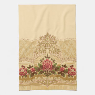 Linge De Cuisine Art Nouveau chic Gold et Flore rouge