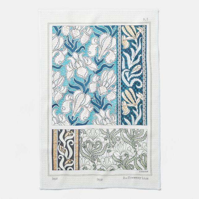 Linge De Cuisine Art nouveau iris lys floral textile art bleu (Vertical)