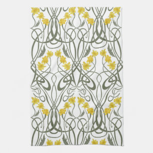Linge De Cuisine Art Nouveau Jaunes Jonquilles et Tiges Blanches