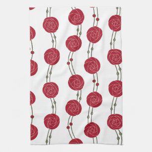 Linge De Cuisine Art Nouveau Mackintosh Roses Rayures Rouges