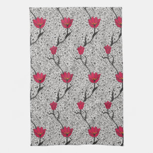 Linge De Cuisine Art Nouveau Tulip Damask, gris et rouge