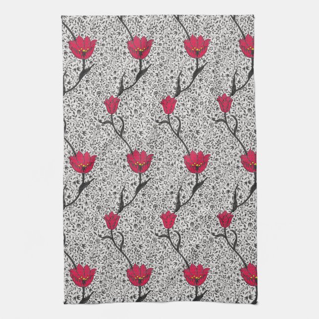 Linge De Cuisine Art Nouveau Tulip Damask, gris et rouge (Vertical)