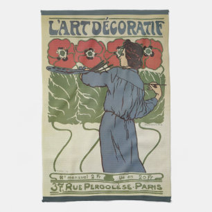 Linge De Cuisine Art Nouveau vintage, Artiste Peignant des Pavots