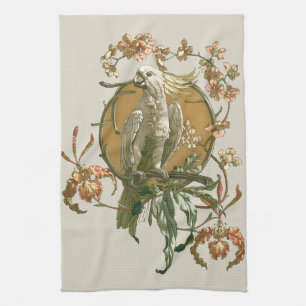 Linge De Cuisine Art Nouveau vintage, oiseau cacatoès, fleurs d'orc