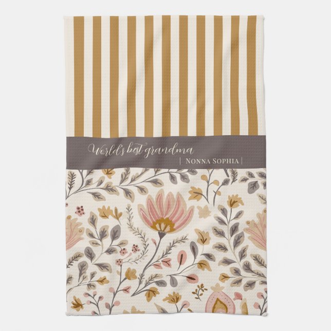 Linge De Cuisine Art populaire floral peint et rayure (Vertical)