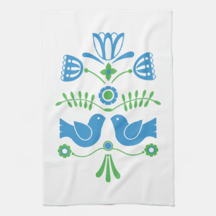 Linge De Cuisine Art populaire suédois Oiseaux et fleurs bleus