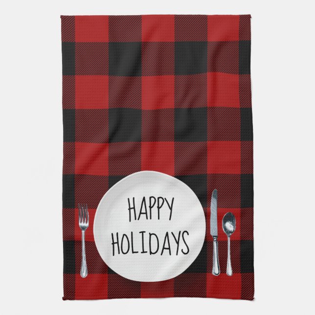 Linge De Cuisine Assiette Joyeuses Fêtes Sur Plaid Buffalo (Vertical)