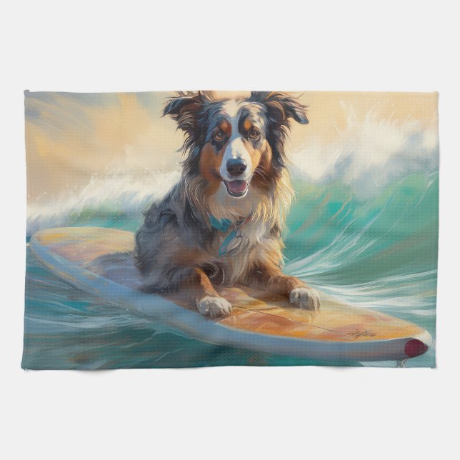 Linge De Cuisine Australian Shepherd Beach Surfing Peinture (Horizontal)